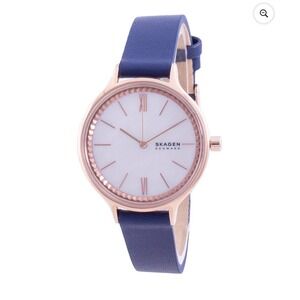 Skagen Anita Rose Gold Mother of Pearl Dial Navy Leather Strap Watch SKW2702